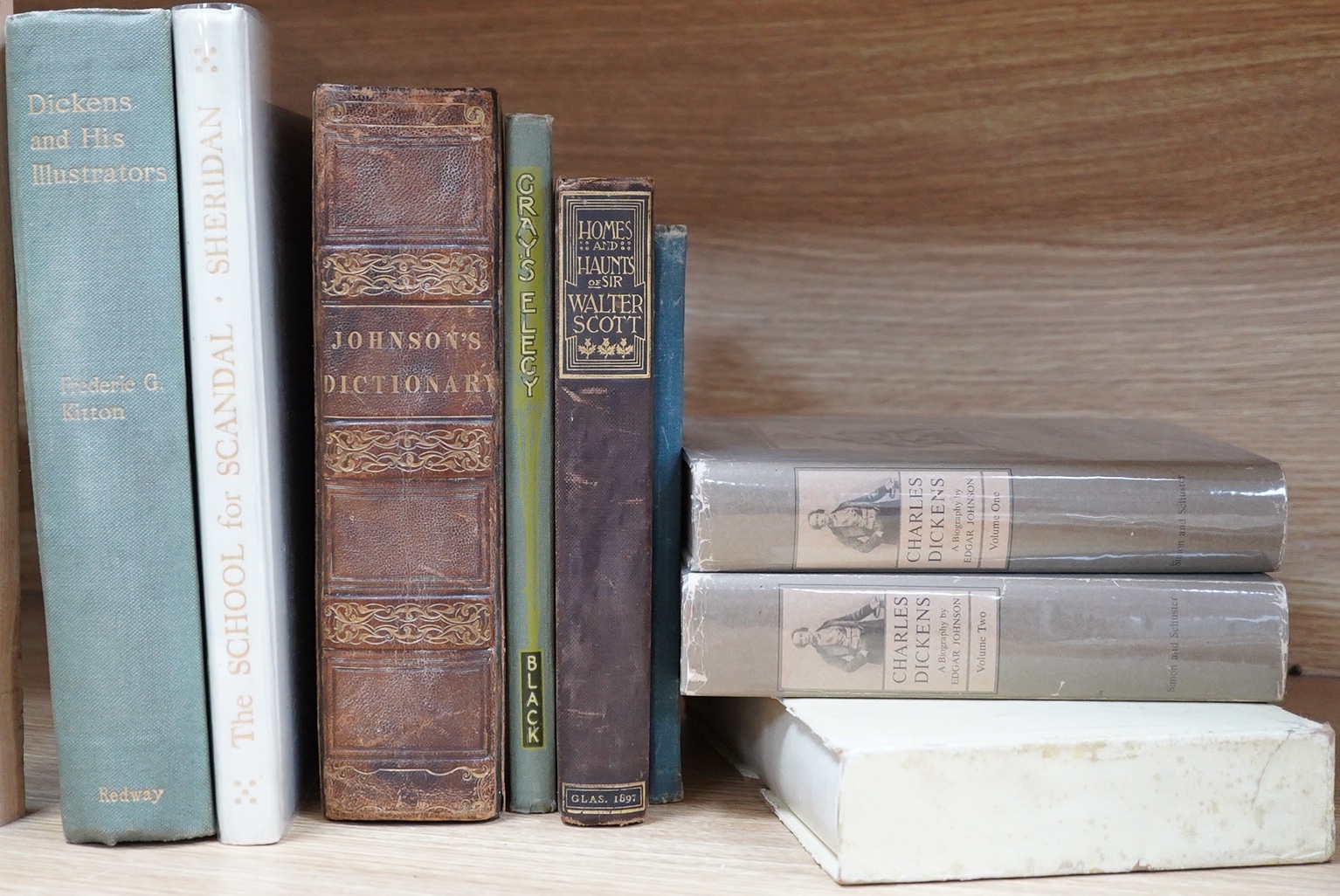 Johnson English Dictionary 1828 and other works : Sheridan School for Scandal, More Aphrodire in Aulis vellum bound in slipcase, Gray’s Elegy, Homes Haunts Walter Scott, Dickens and His Illustrators, Dickens His Tragedy